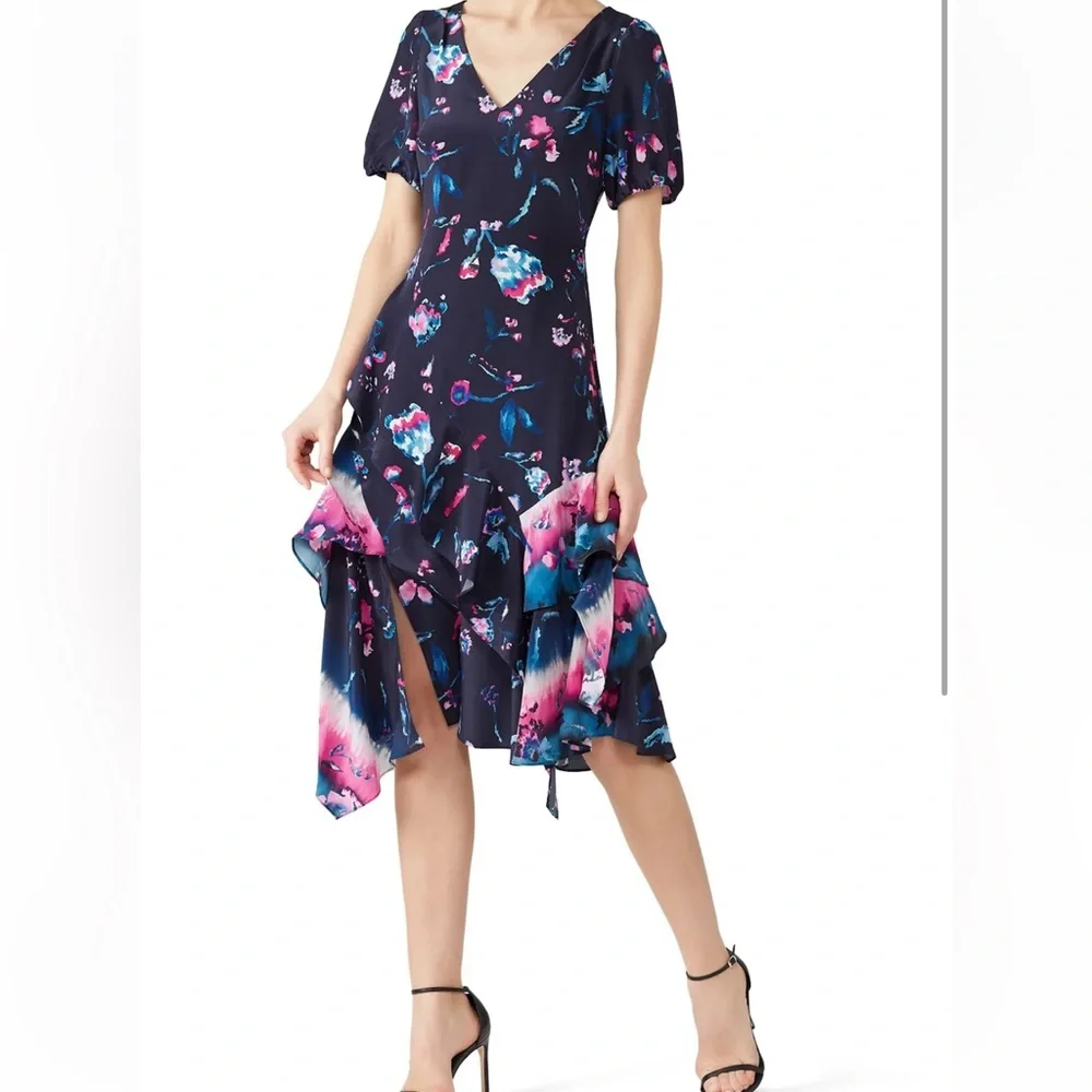 💖NWT WOMENS TANYA TAYLOR ESTRELLA SILK DRESS IN NAVY/TIE DYE FLORAL SIZE 12 - Picture 3 of 17